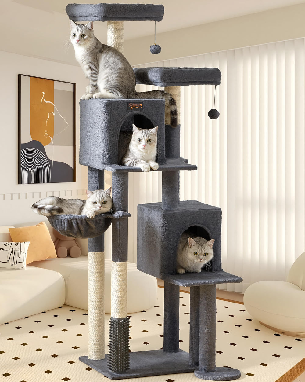 Feliskyn Cat Tree Tower 65-inch side view shows tall, space-saving design for indoor cats.