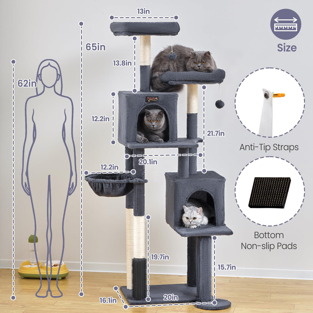 Feliskyn Cat Tree Tower includes dangling toys to spark playful engagement.