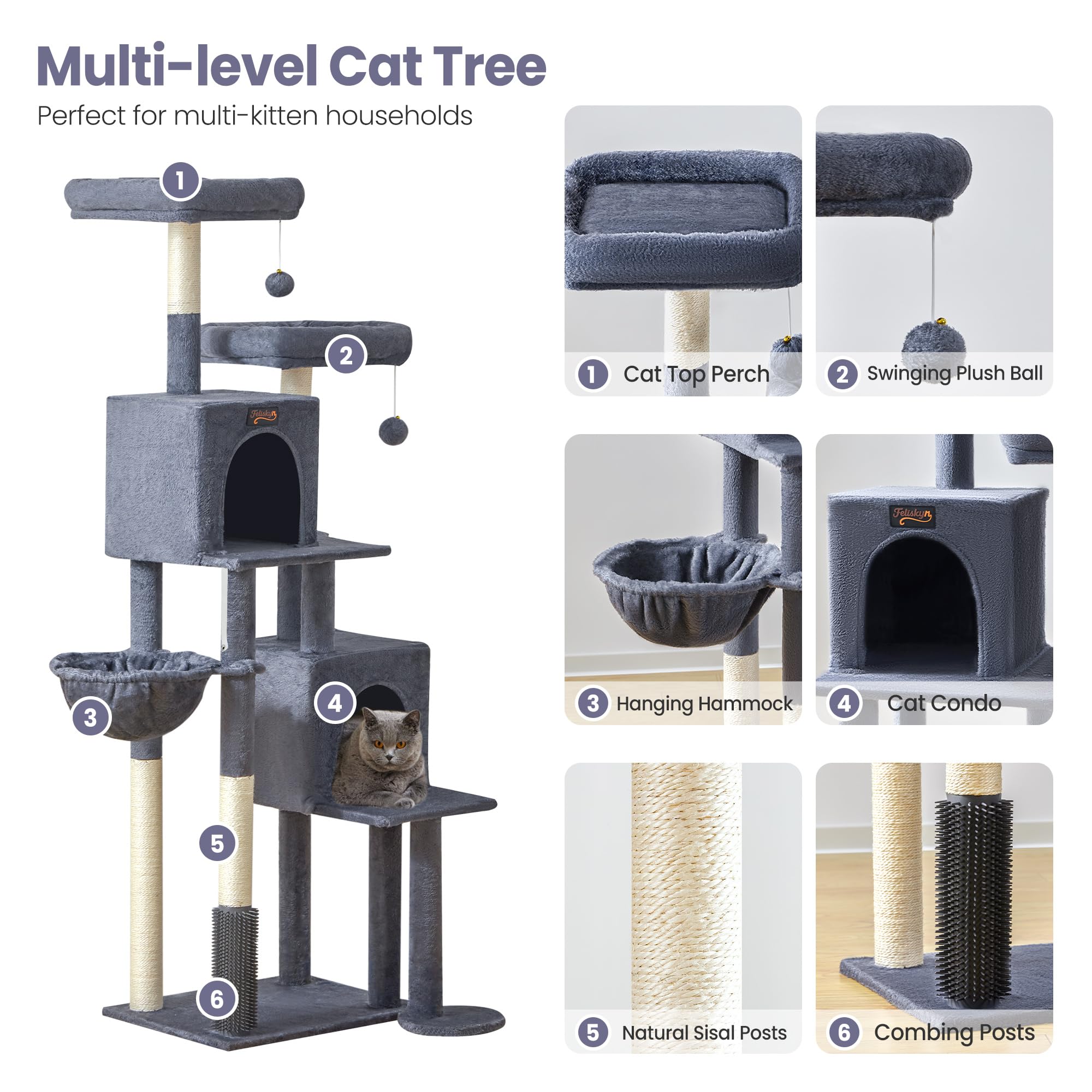 Feliskyn Cat Tree Tower hammock perch invites relaxed lounging for cats.