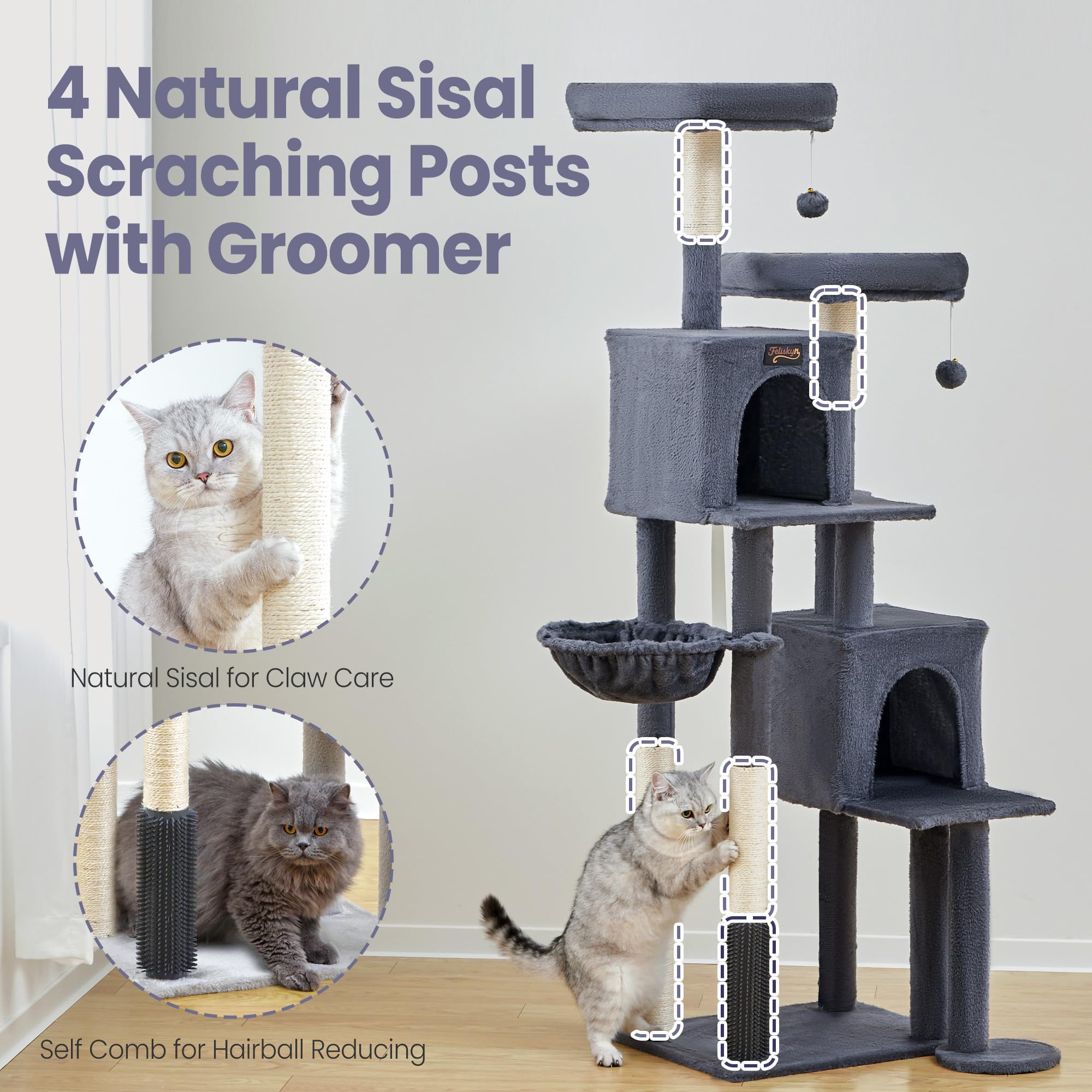 Feliskyn Cat Tree Tower with sisal posts promotes scratching without furniture damage.
