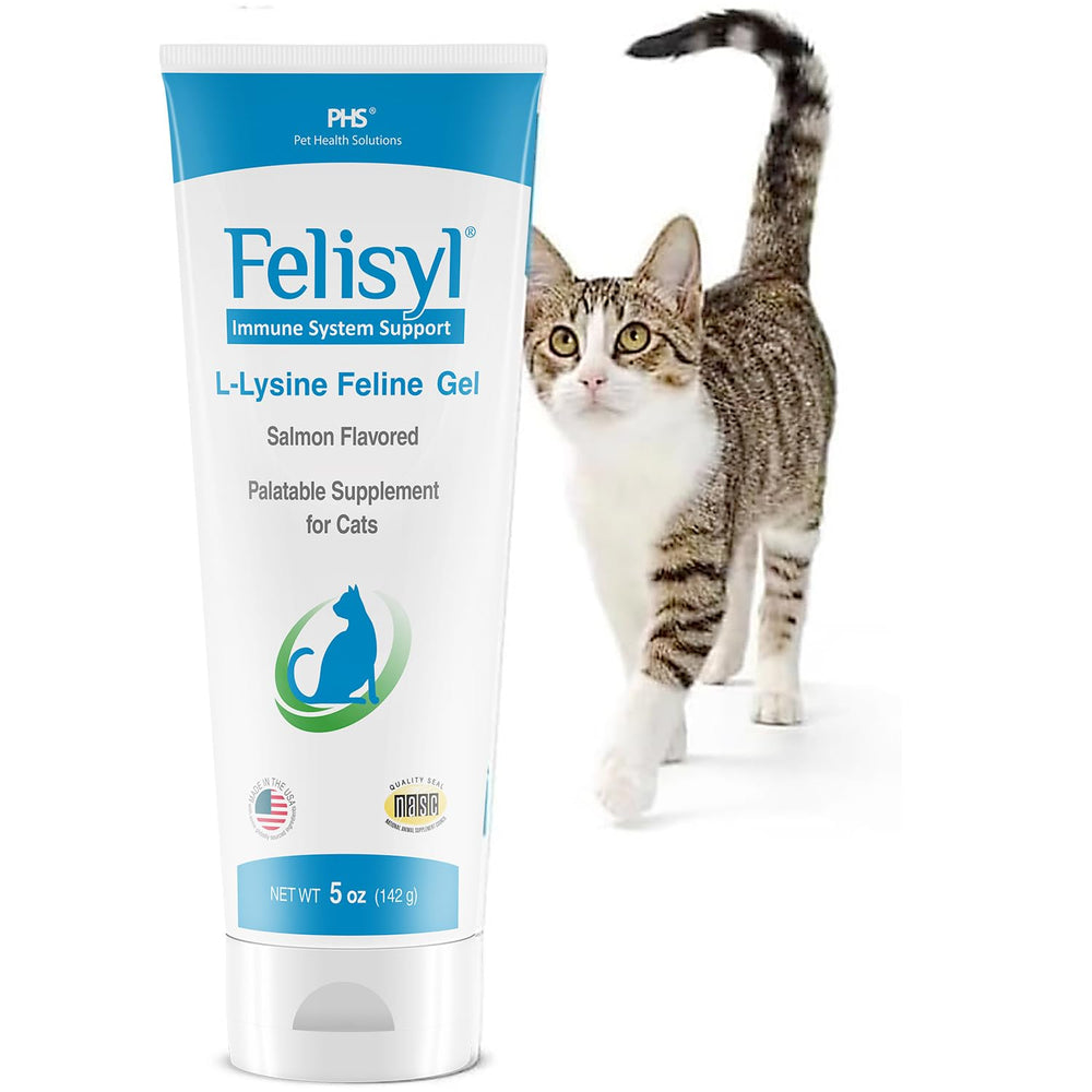 Felisyl L-Lysine Gel bottle on counter supports daily immune and respiratory support for cats
