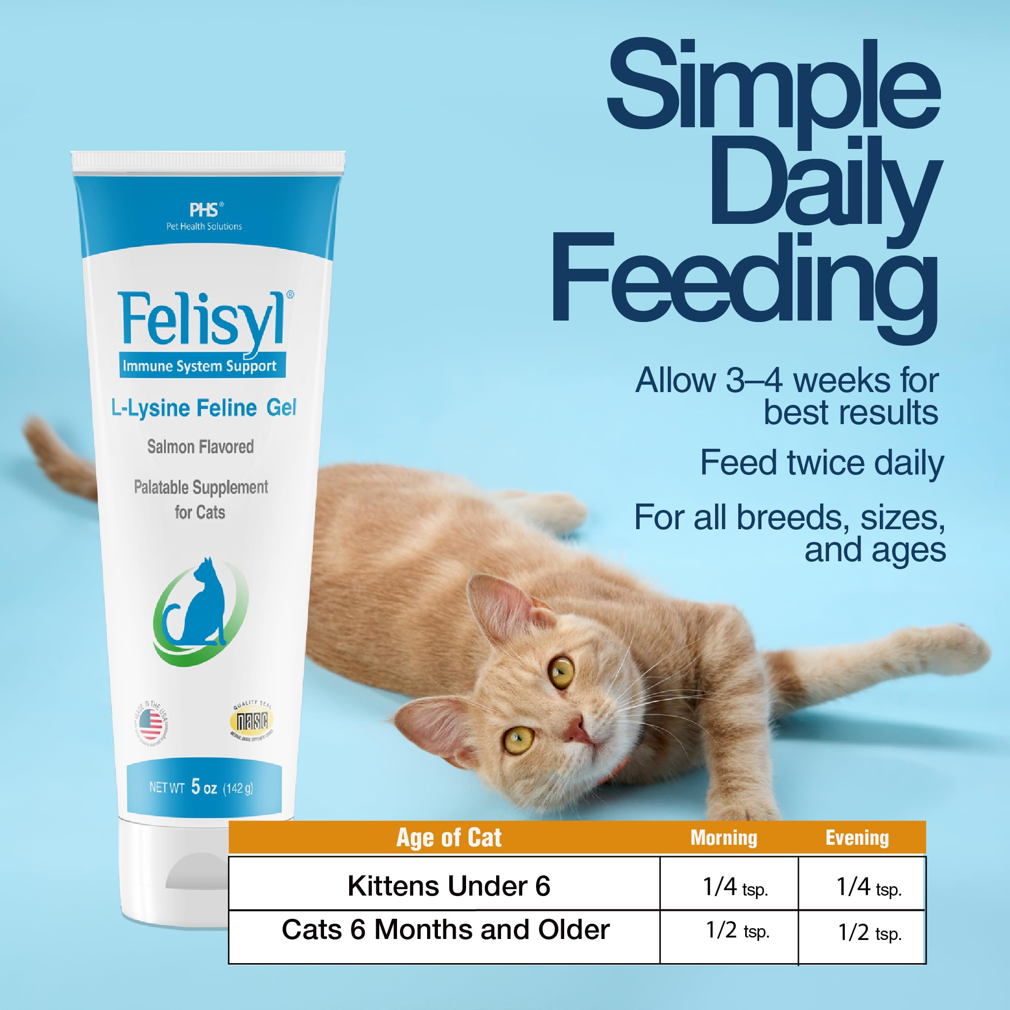 Made in USA stamp on Felisyl Lysine Gel bottle emphasizes domestic production