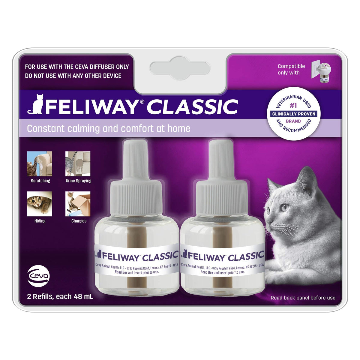 Feliway 30-day diffuser refill pack with two cartridges for a calmer home.