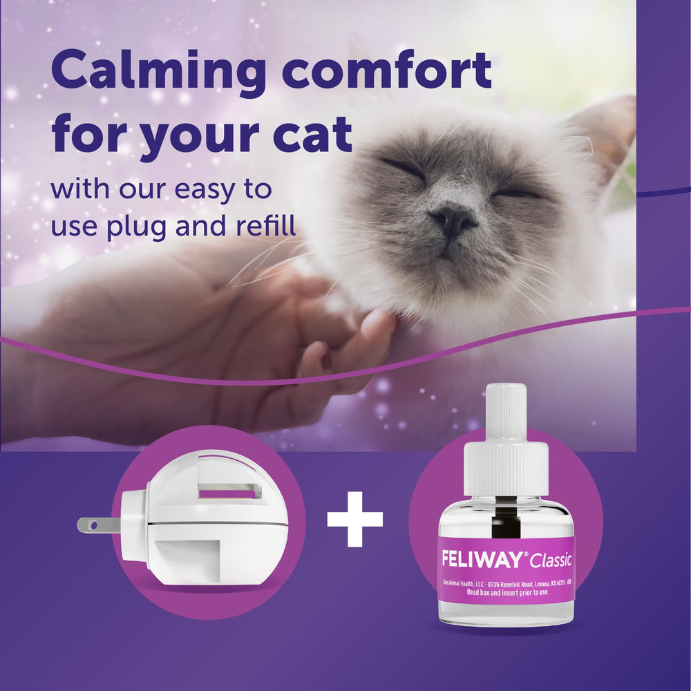 Feliway Classic diffuser emitting calming pheromones to ease cat stress.
