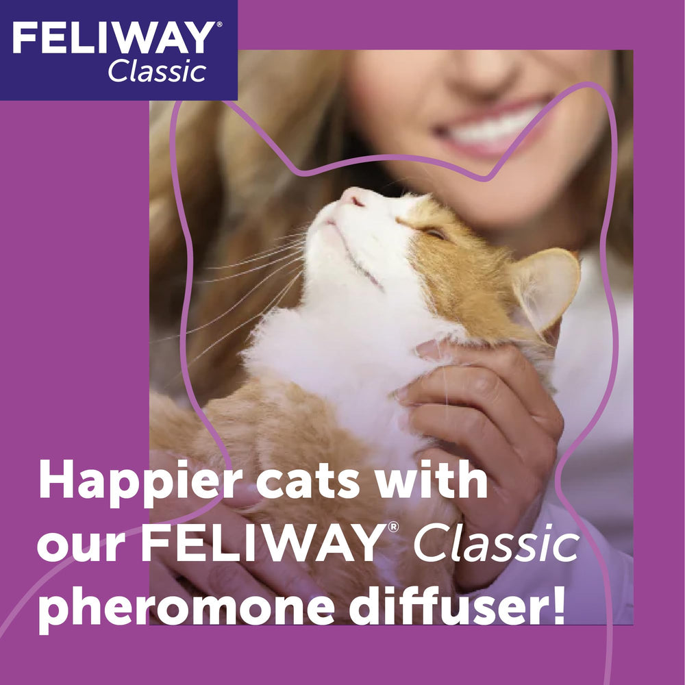 Feliway Classic plug-in diffuser mounted in outlet delivering calming pheromones for cats.
