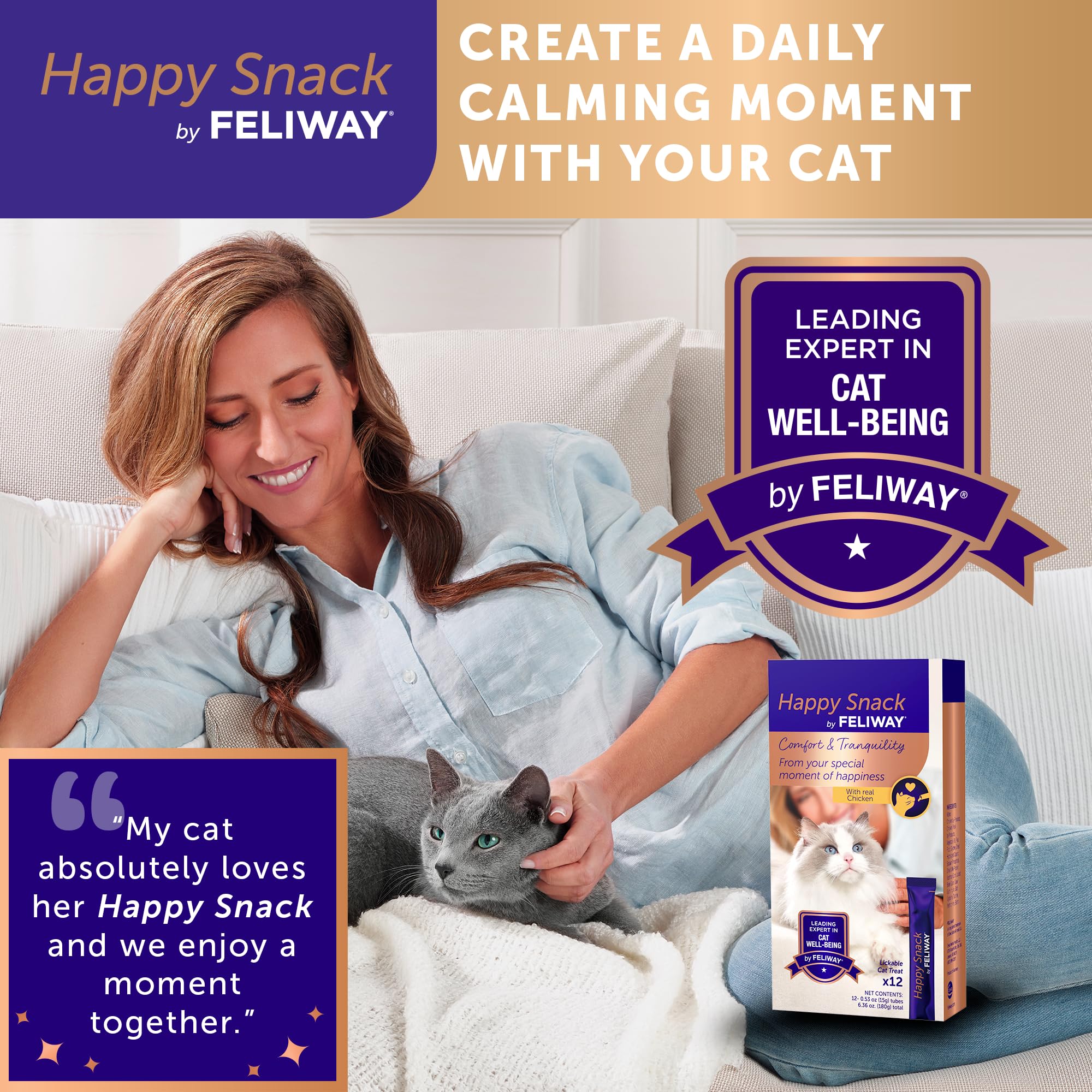 Cat enjoying the real chicken flavor of FELIWAY Happy Snack purée.