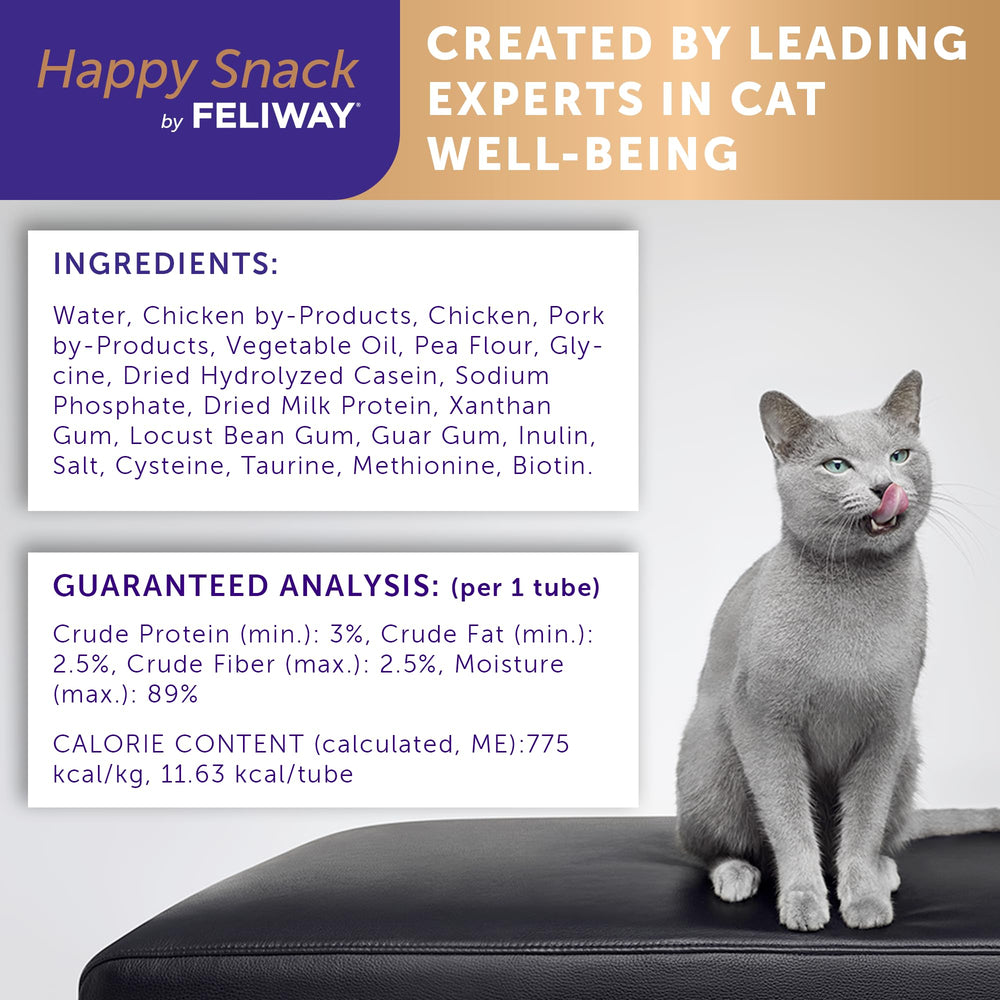 Package shows 12-tube FELIWAY Happy Snack set for regular use.