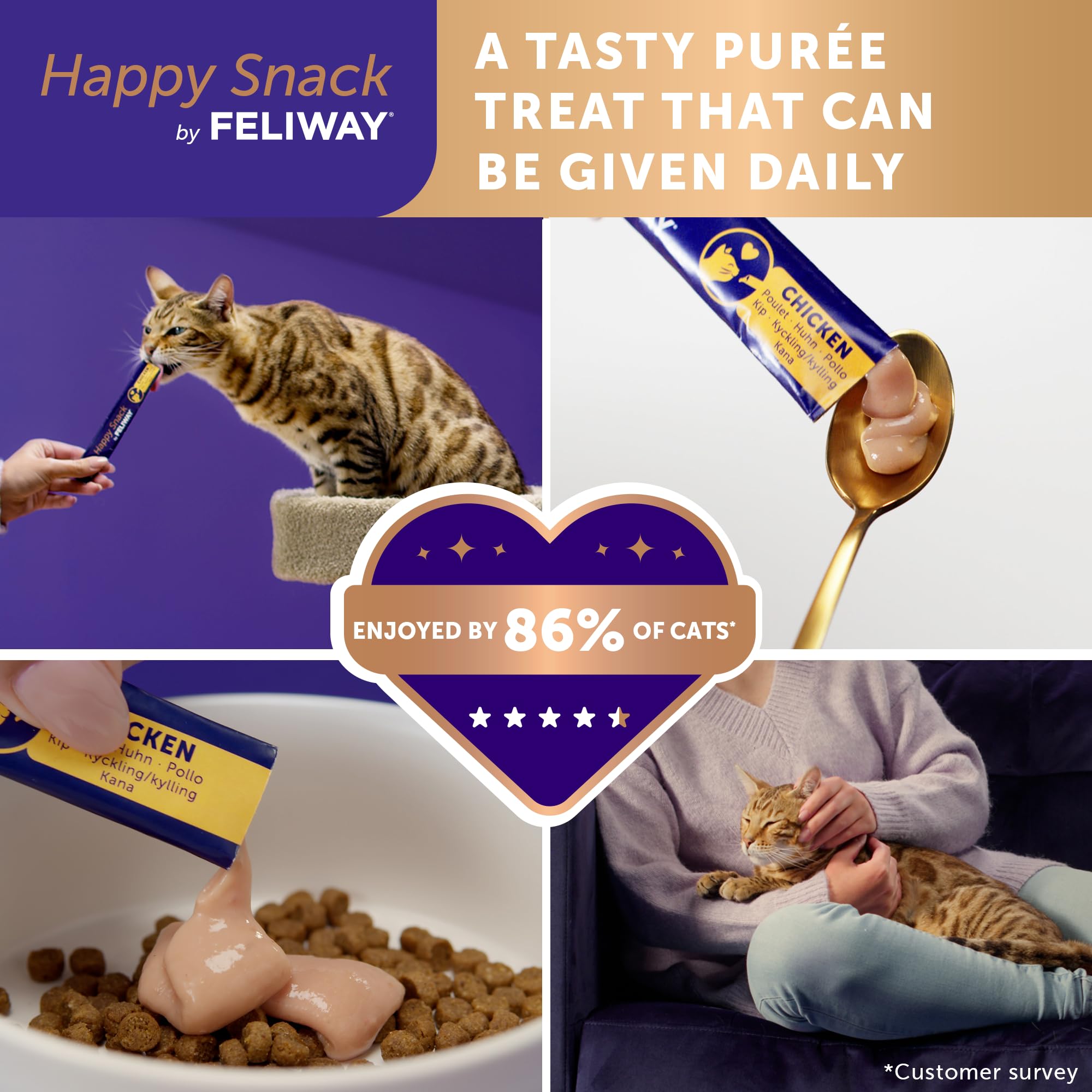 Close-up of FELIWAY Happy Snack tube showing creamy lickable texture for easy serving.