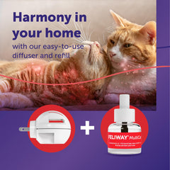 Feliway MultiCat diffuser reduces tension as cats lounge together.
