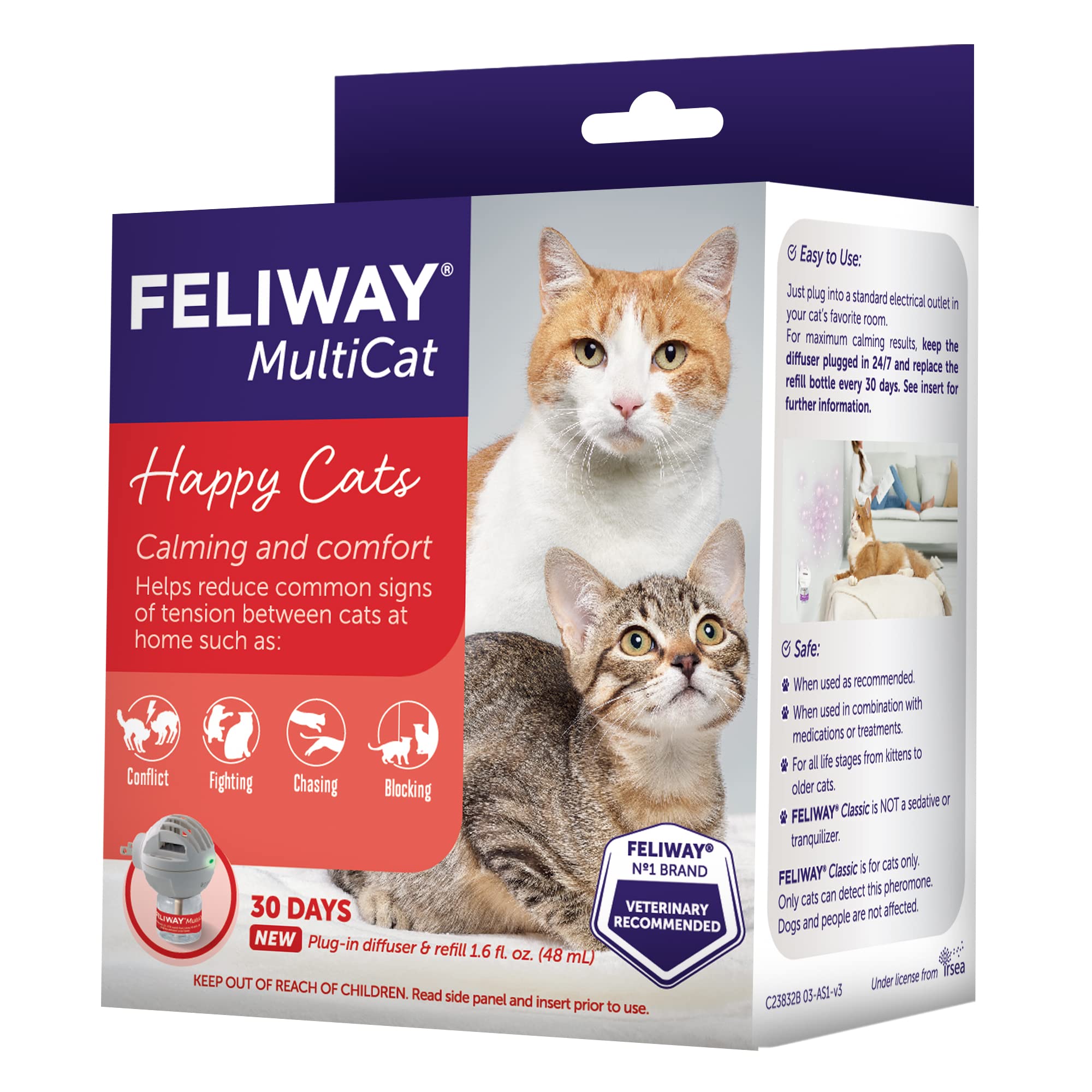 Feliway MultiCat diffuser plugged in in a living room promoting calm.