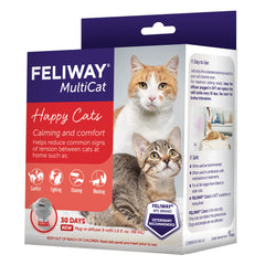 Feliway MultiCat diffuser plugged in in a living room promoting calm.