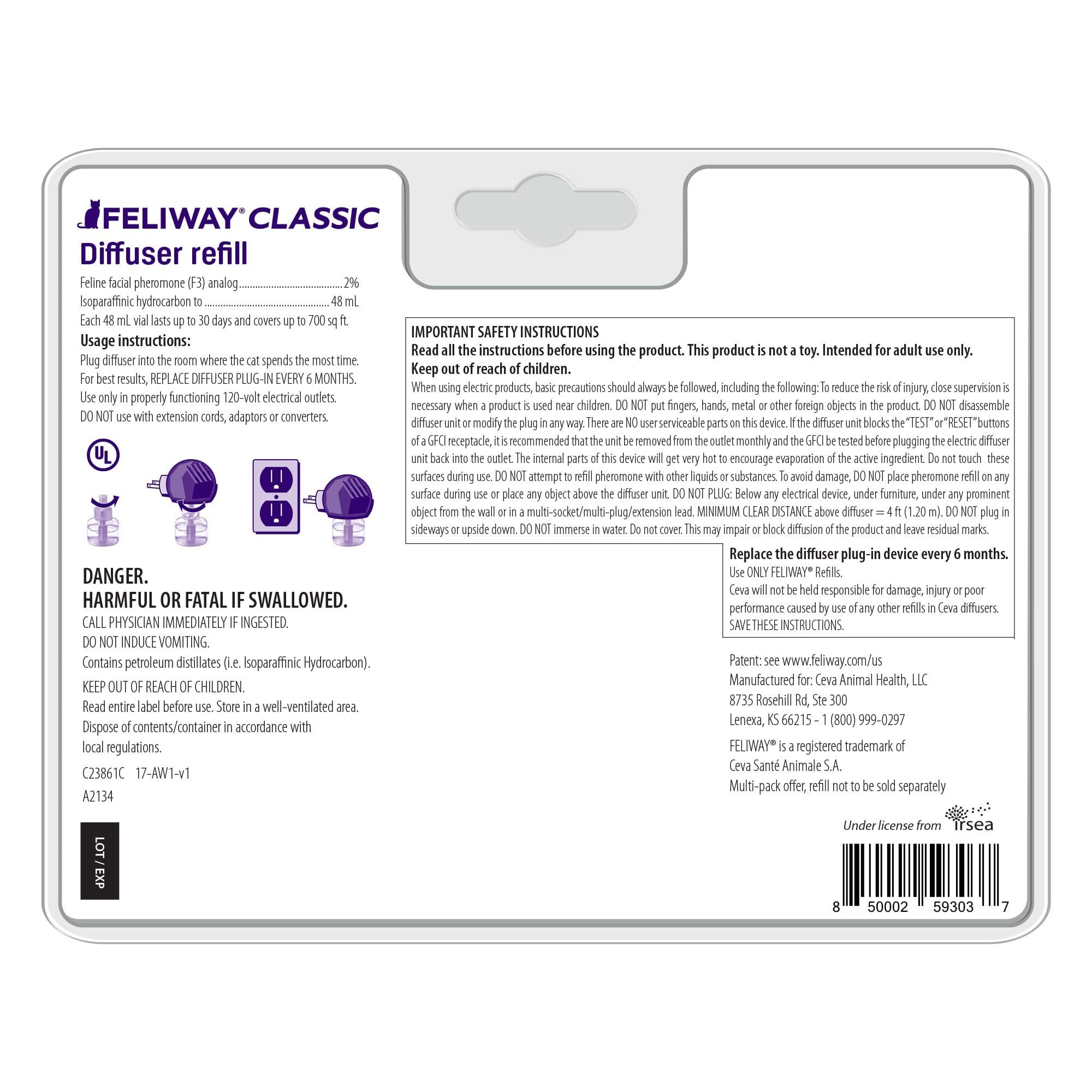 Closeup of Feliway refill cartridge highlighting pheromone formula to support a calmer environment.