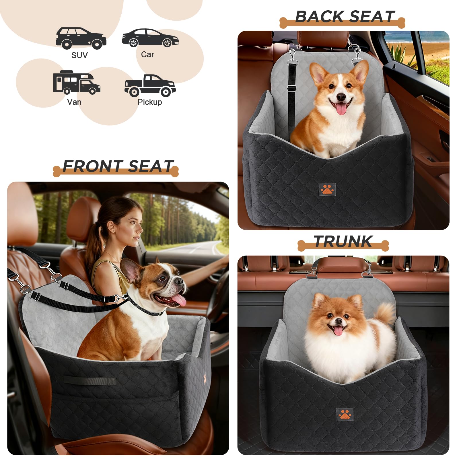 Felixora seat fits dogs up to 35 lbs in cars.