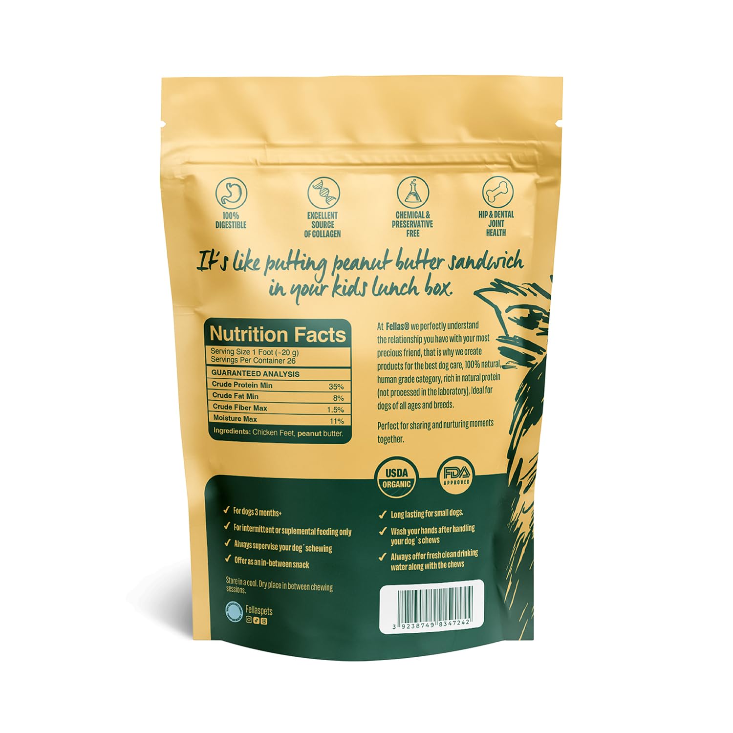 Fellas Pets chicken feet for dogs, nail-free and odor-free for cleaner treats.