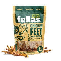 Fellas Pets dehydrated chicken feet peanut butter flavor for dogs, a tasty single-ingredient treat.