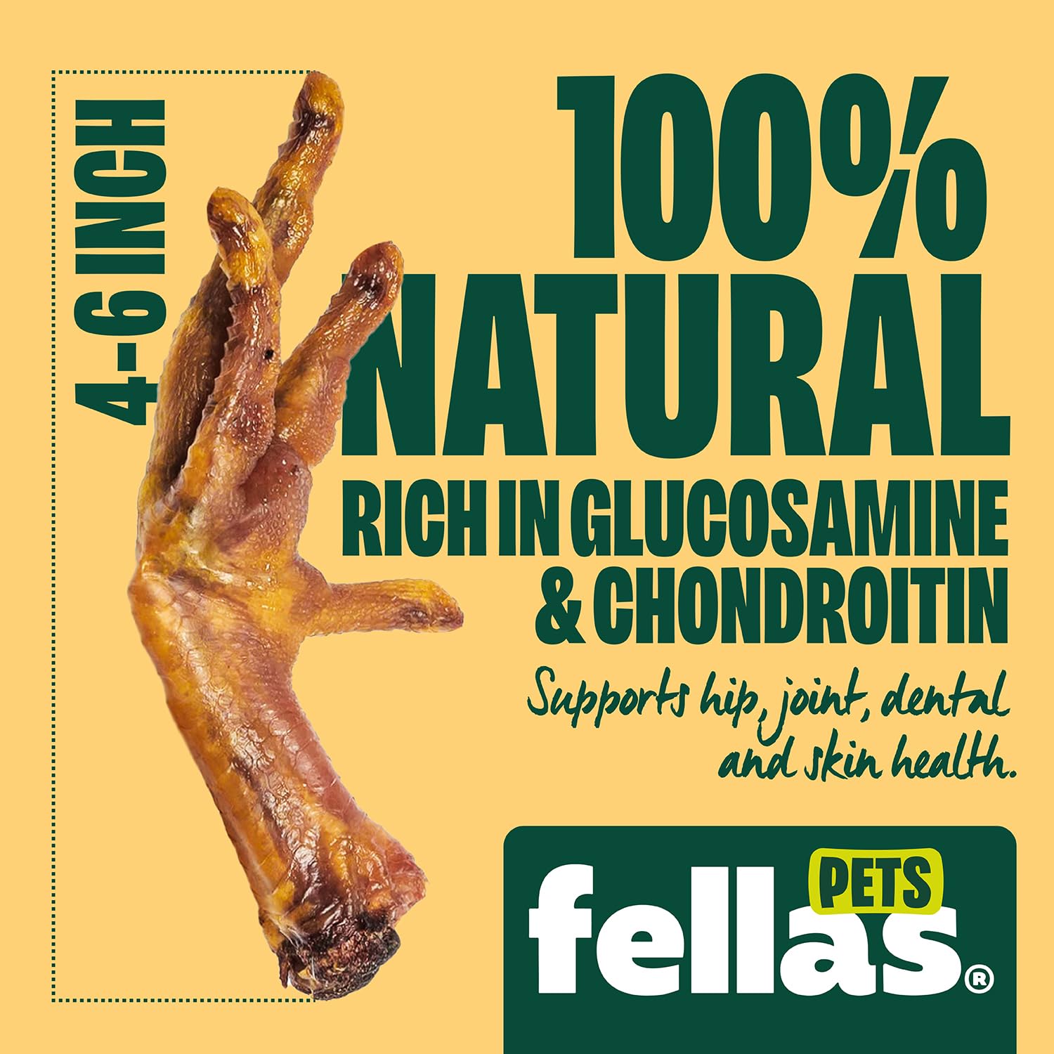 Fellas Pets fully-digestible chicken feet for gut-friendly, safe chewing.
