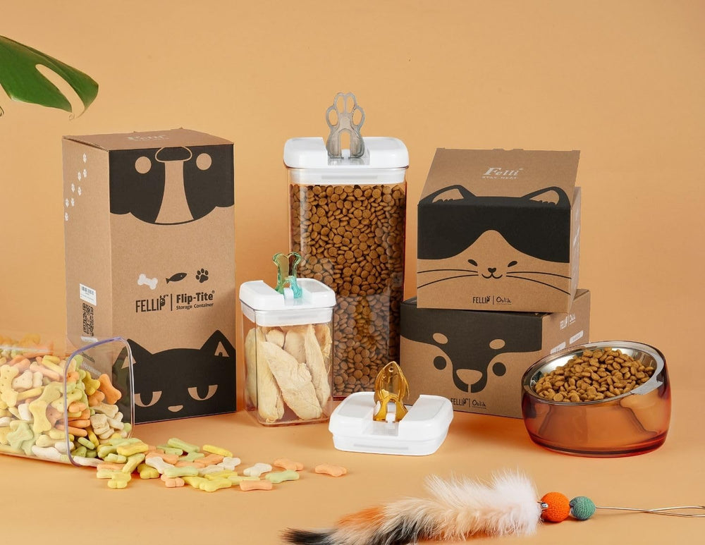 Felli Flip Tite nesting design saves space for a tidy pet pantry.