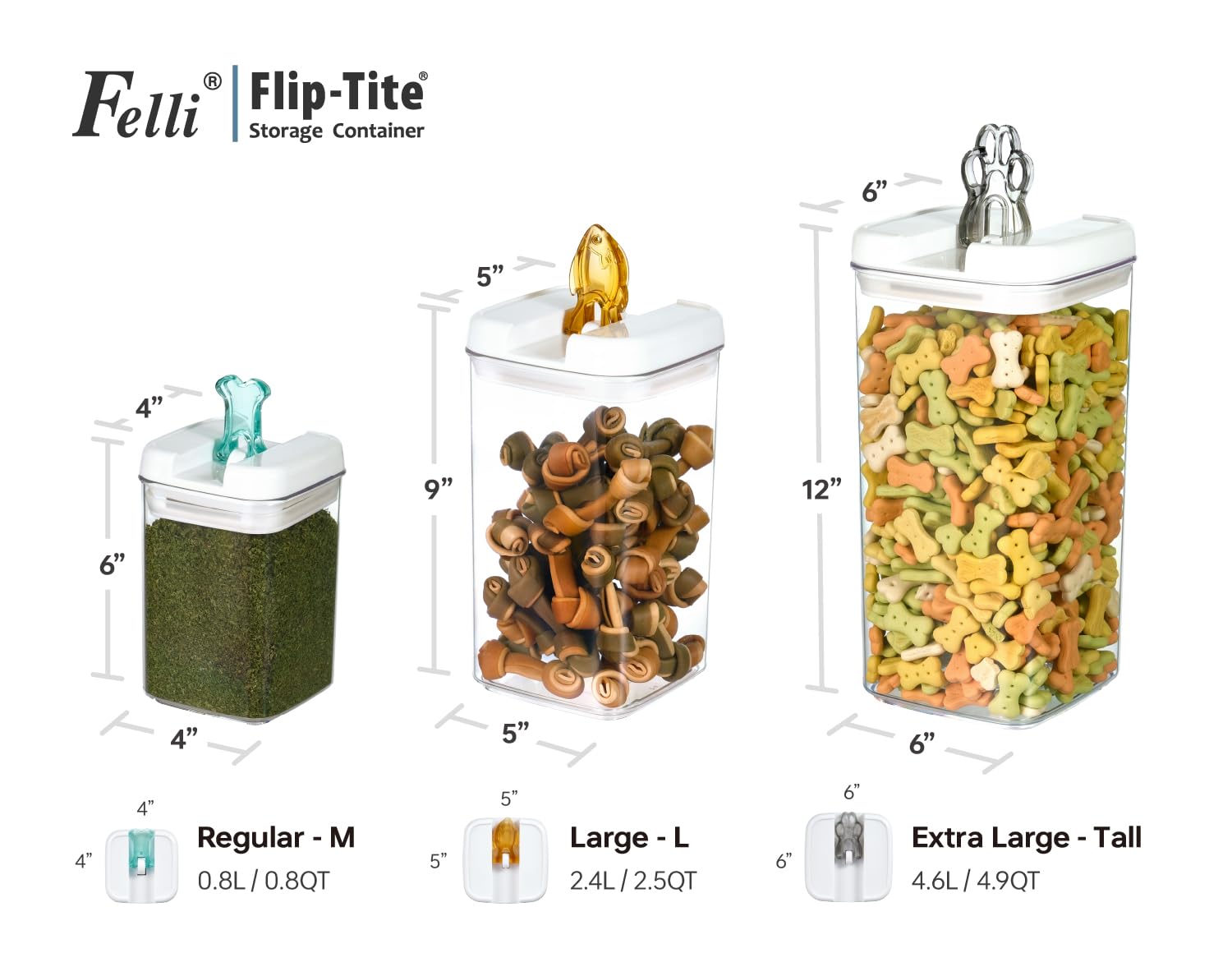 Felli Flip Tite Regular container with bone handle keeps small snacks organized.