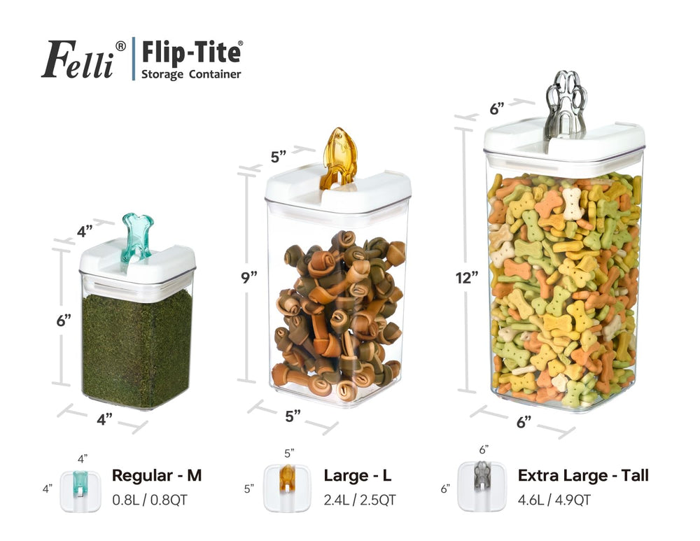 Felli Flip Tite Regular container with bone handle keeps small snacks organized.