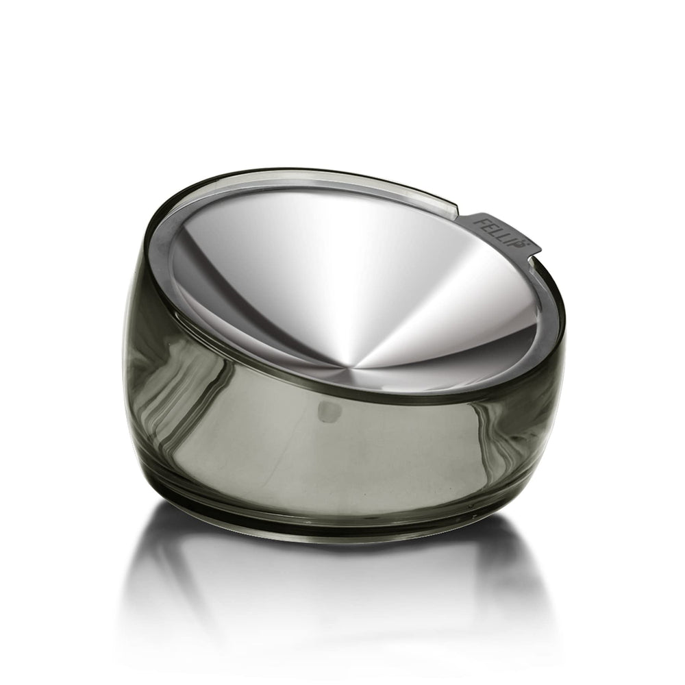 Felli Oblik elevated cat bowl with smoky finish and slanted design for whisker comfort.