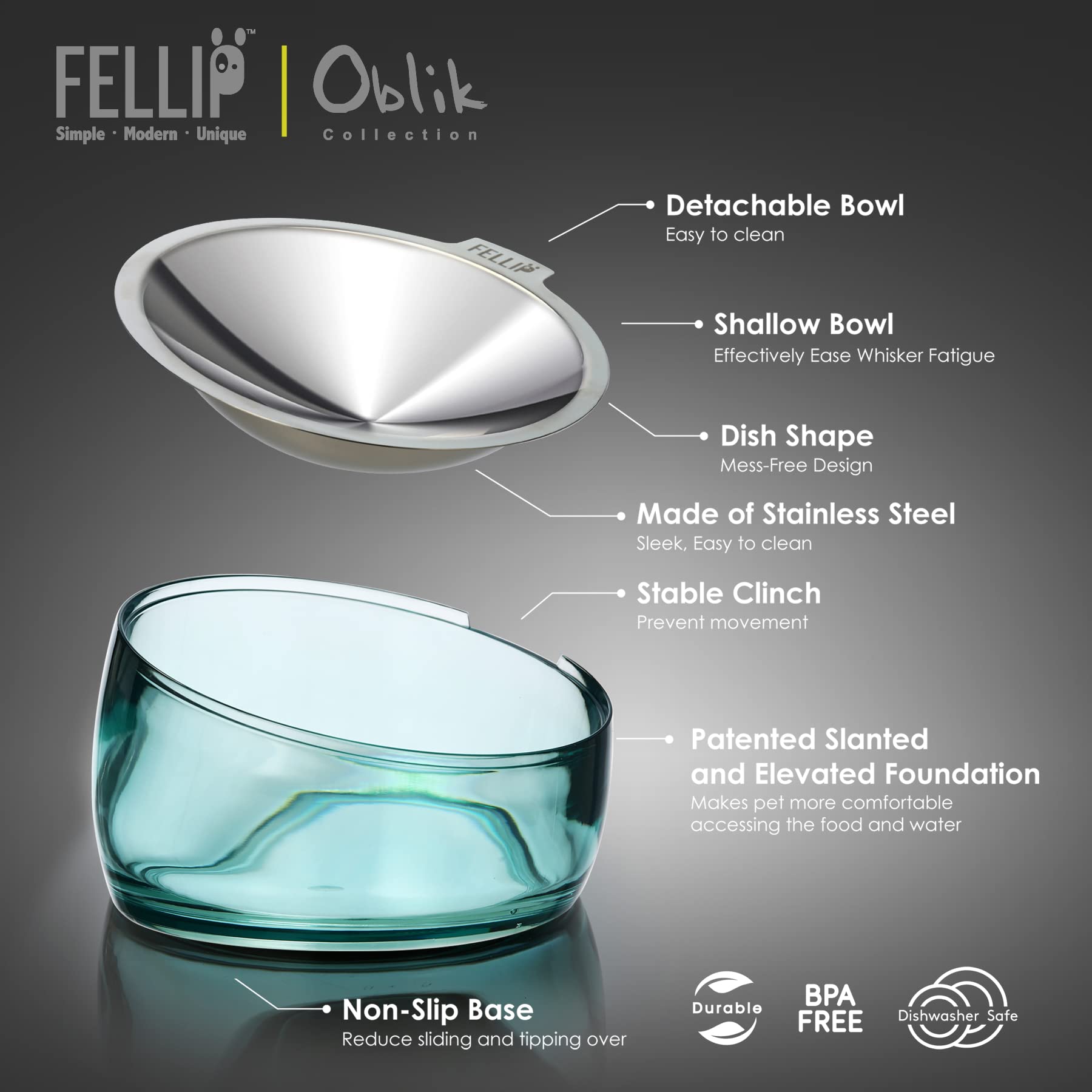 Felli Oblik slanted plate design enhances reach for flat-faced cats.