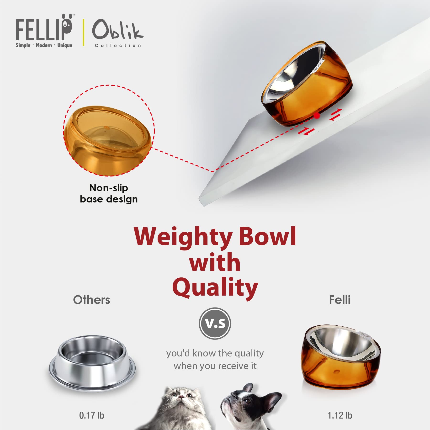 Felli Oblik tilted design encourages comfortable mealtimes for cats.
