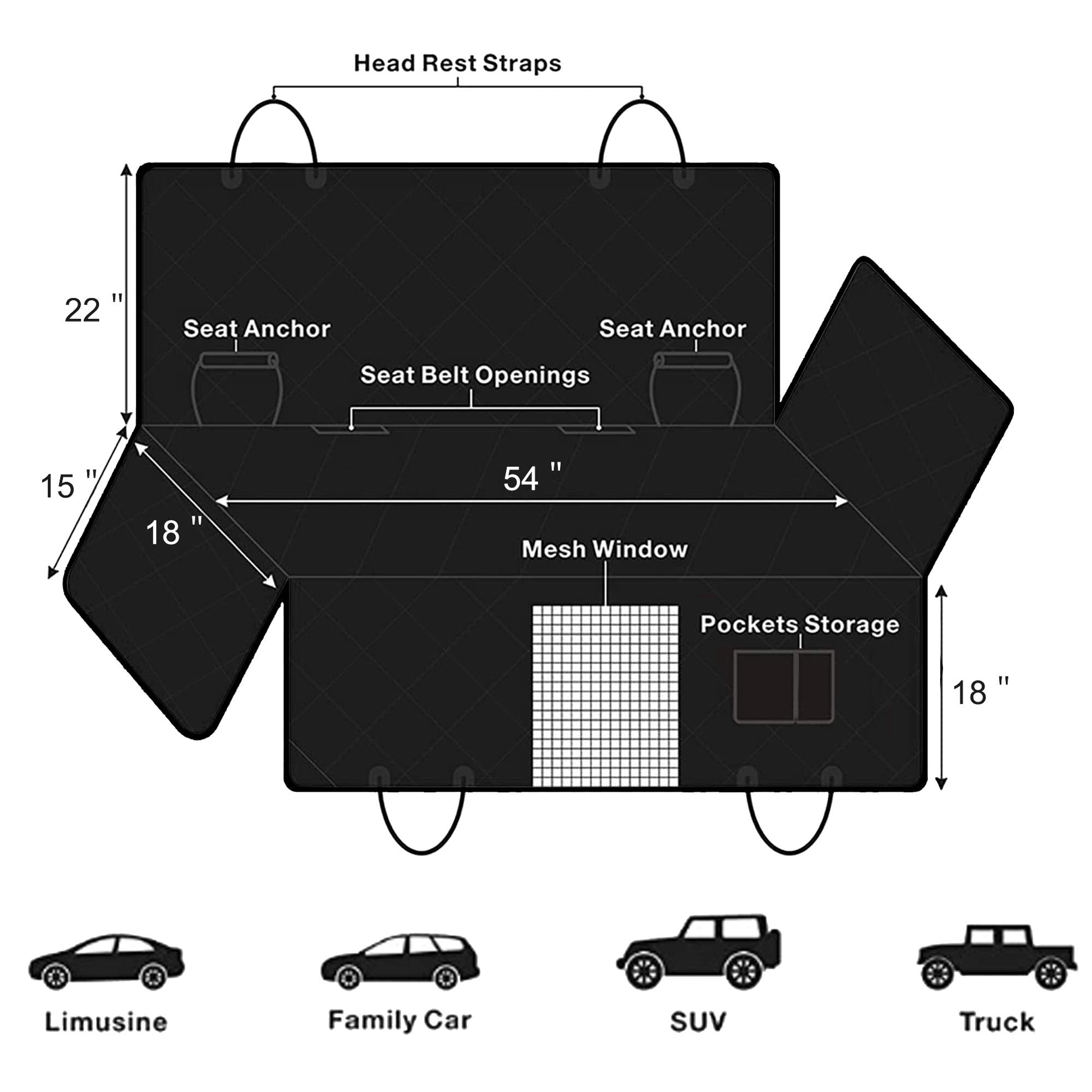 Femuar dog car seat cover seatbelt openings allow safe use with harness.