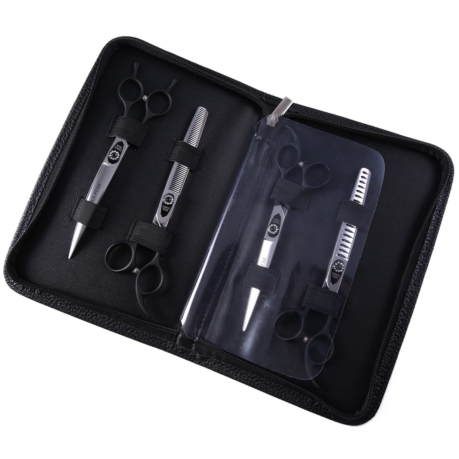 Fenice Peak curved dog grooming scissors for easier contouring around ears and heads.