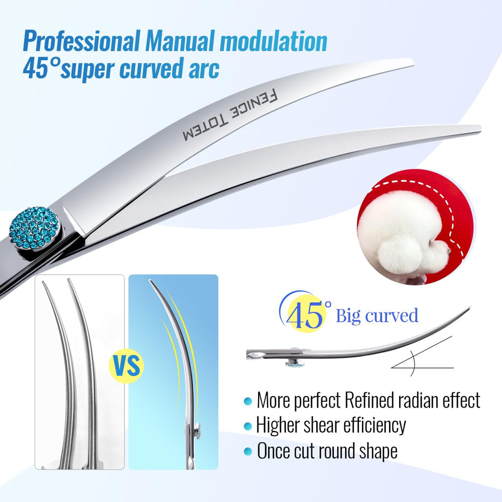 Fenice Totem 45-degree curve shear ideal for comprehensive dog grooming tasks.