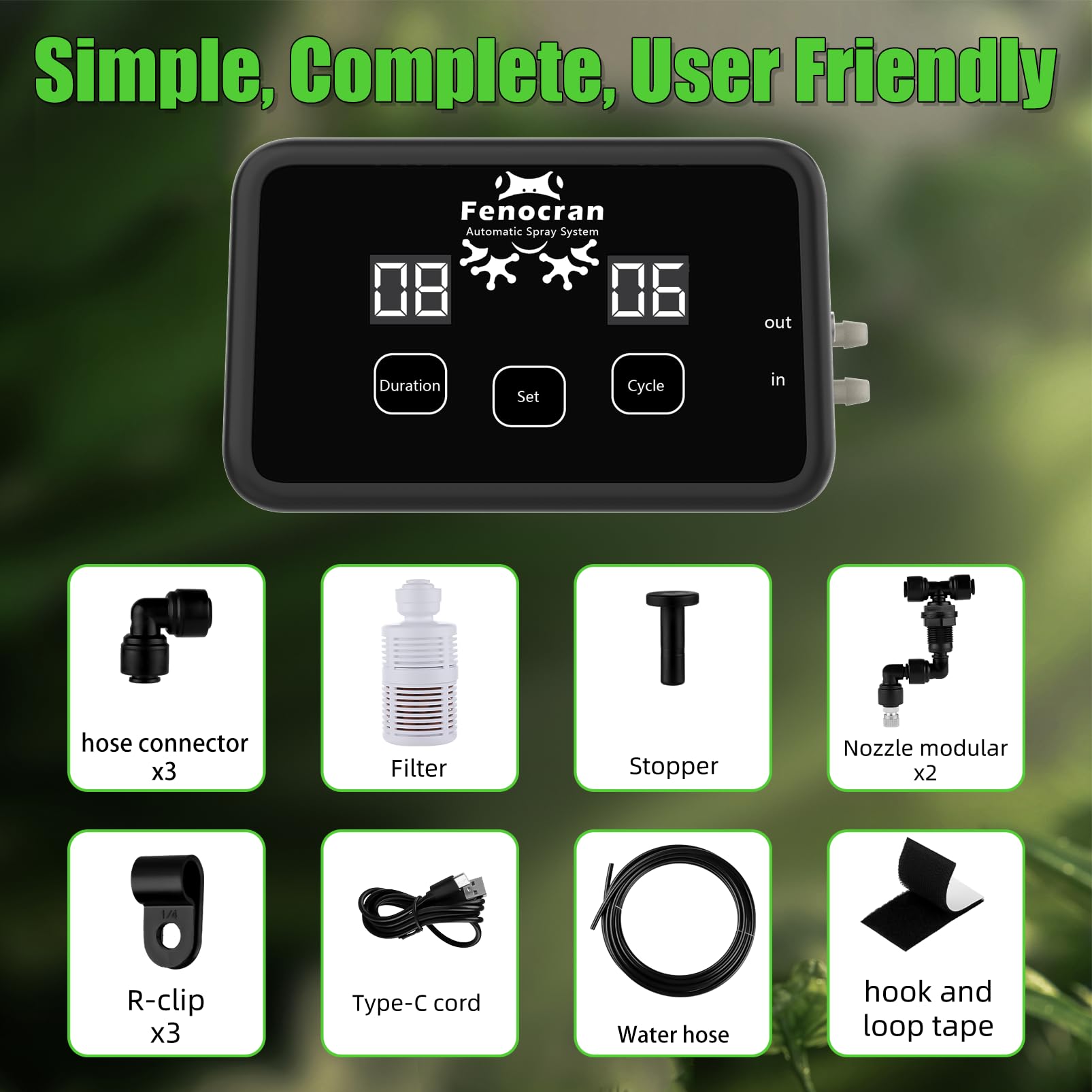 Fenocran accessories include filters and connectors for easy setup.