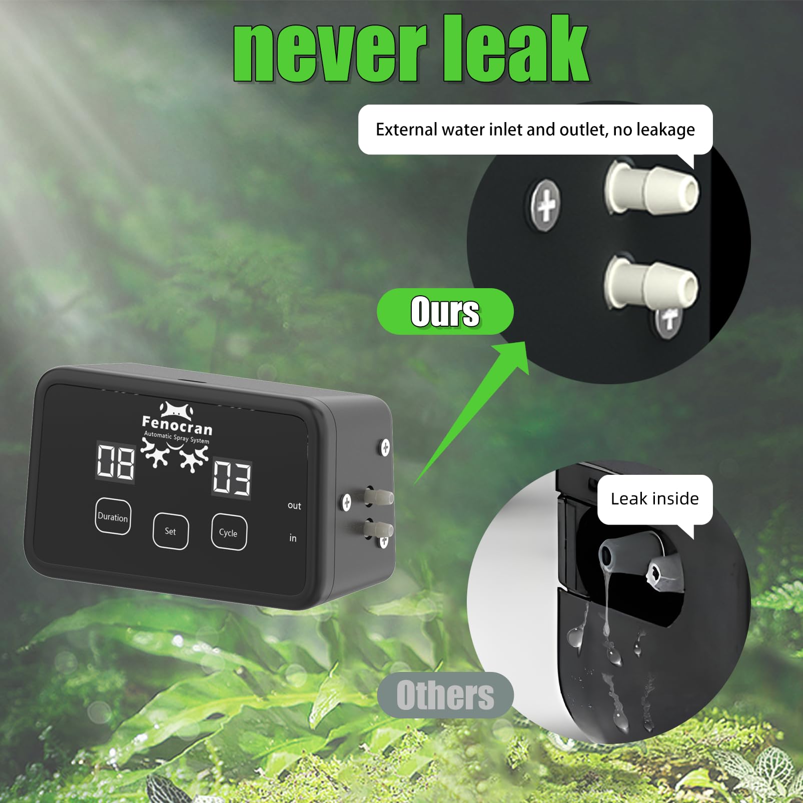 Fenocran leak-proof terrarium mister with reinforced inlet/outlet prevents leaks.