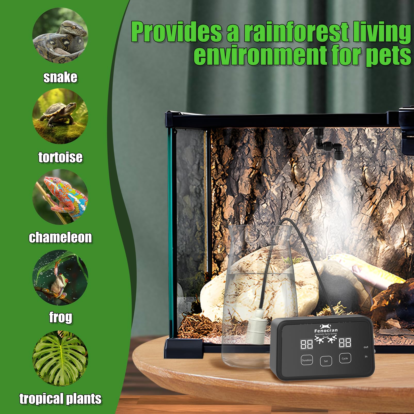Fenocran quiet terrarium mist demonstrates near-silent operation for peaceful reptile habitats.