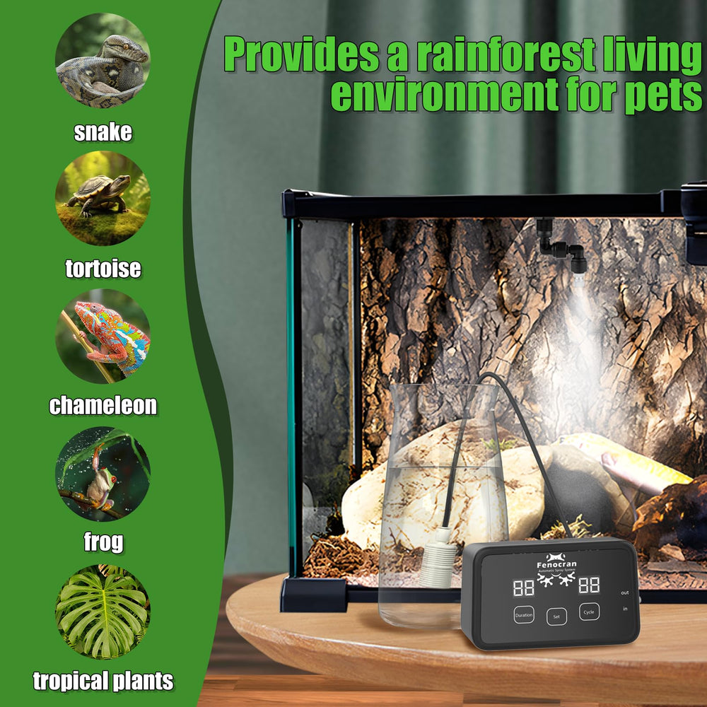 Fenocran quiet terrarium mist demonstrates near-silent operation for peaceful reptile habitats.