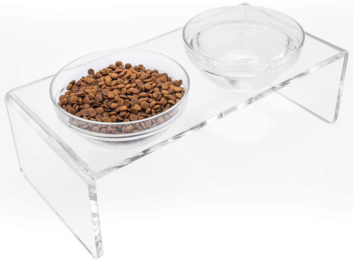 Feoyoho acrylic elevated feeder stand front view with glass bowls for easy feeding