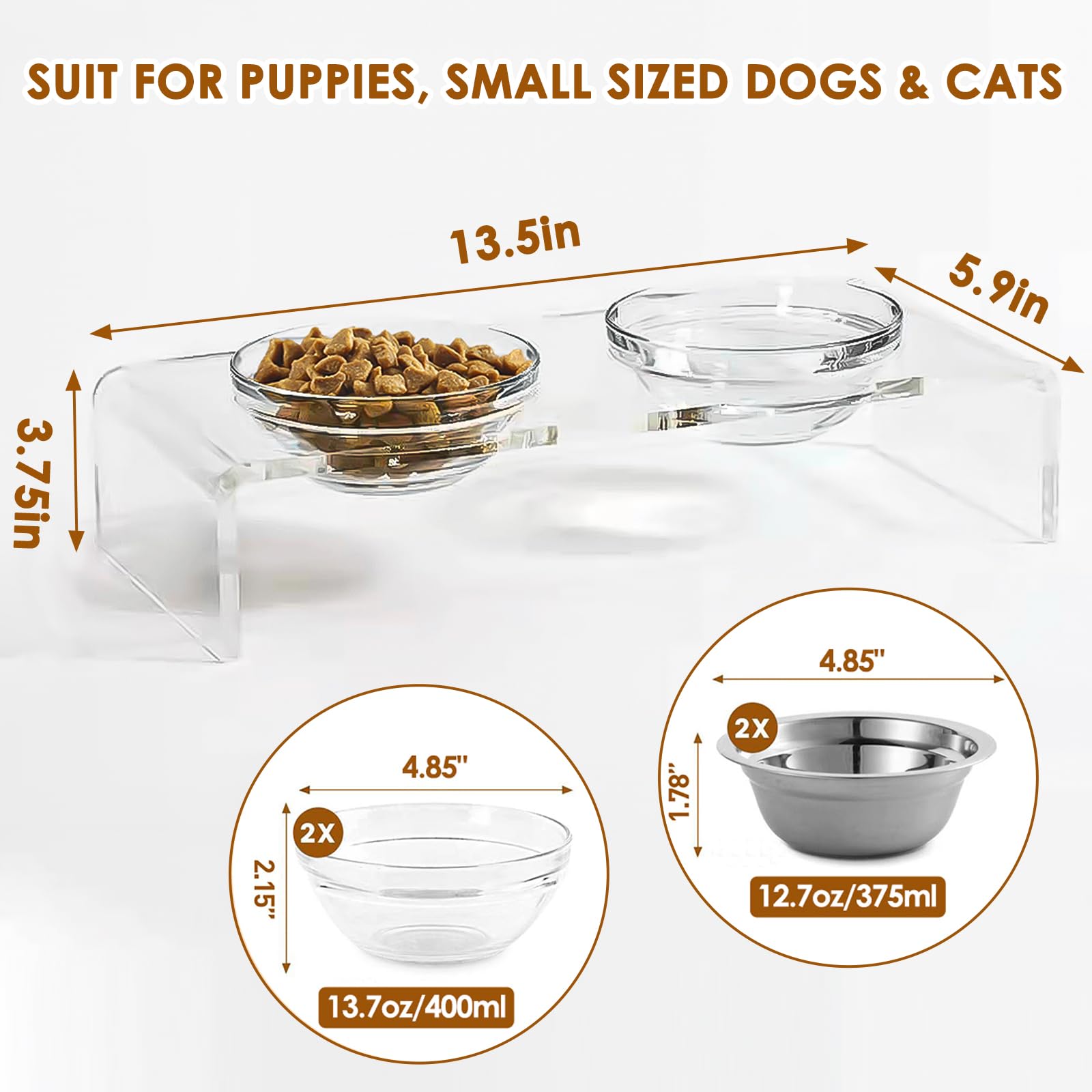 Feoyoho bowl stand with glass bowls offering a crystal-clear feeding option