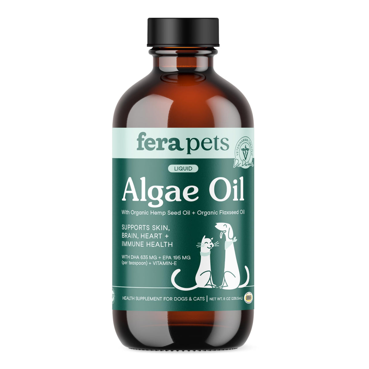 Fera Pets Algae Oil bottle shown for daily vegan omega-3 support.