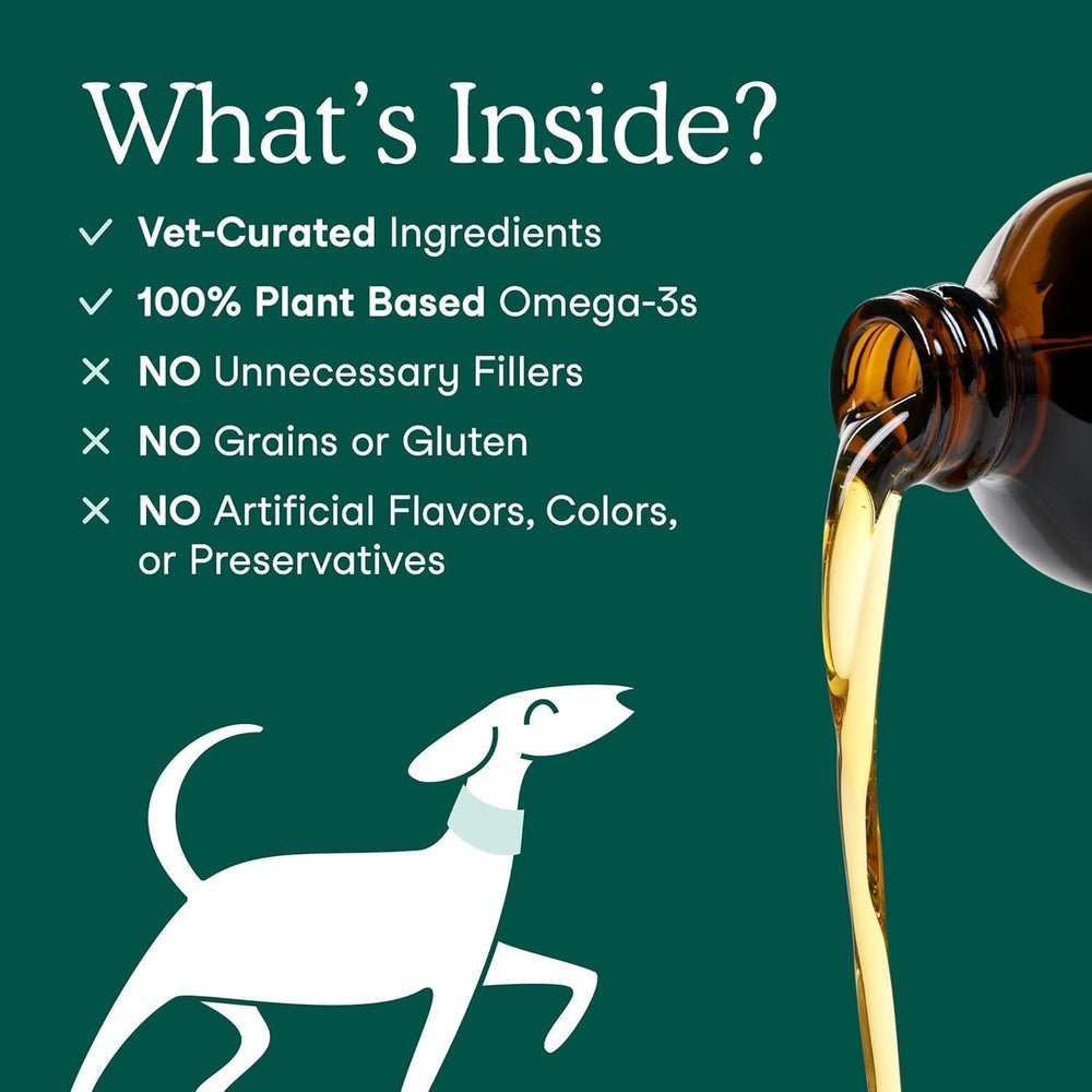 Label close-up on Fera Pets Algae Oil highlighting vegan omega-3 ingredients.