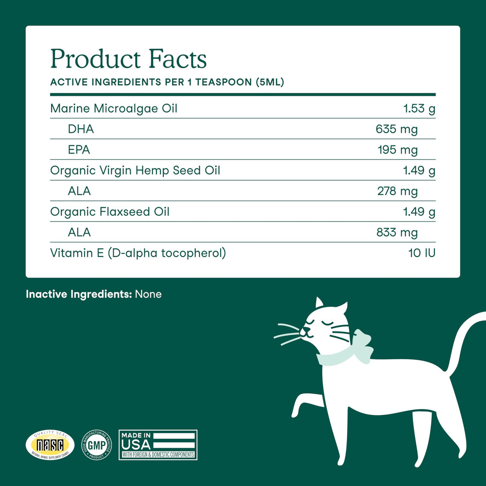NASC seal close-up on Fera Pets Algae Oil packaging demonstrates quality.