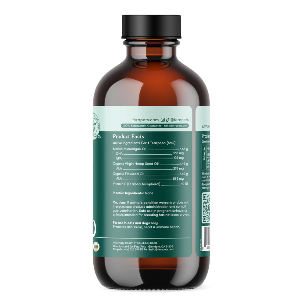 Packaging and label scene with Fera Pets Algae Oil in kitchen.