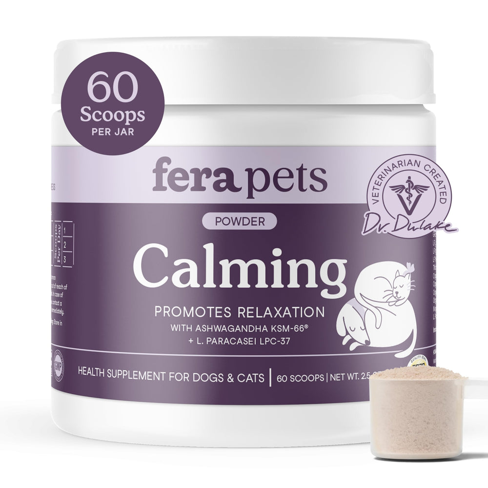 Fera Pets Calming Supplement bottle front for pet relaxation.