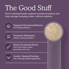 Fera Pets Calming Supplement bottle label reveals ingredients.