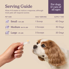 Dog-friendly use of Fera Pets Calming Supplement with dose scoop.