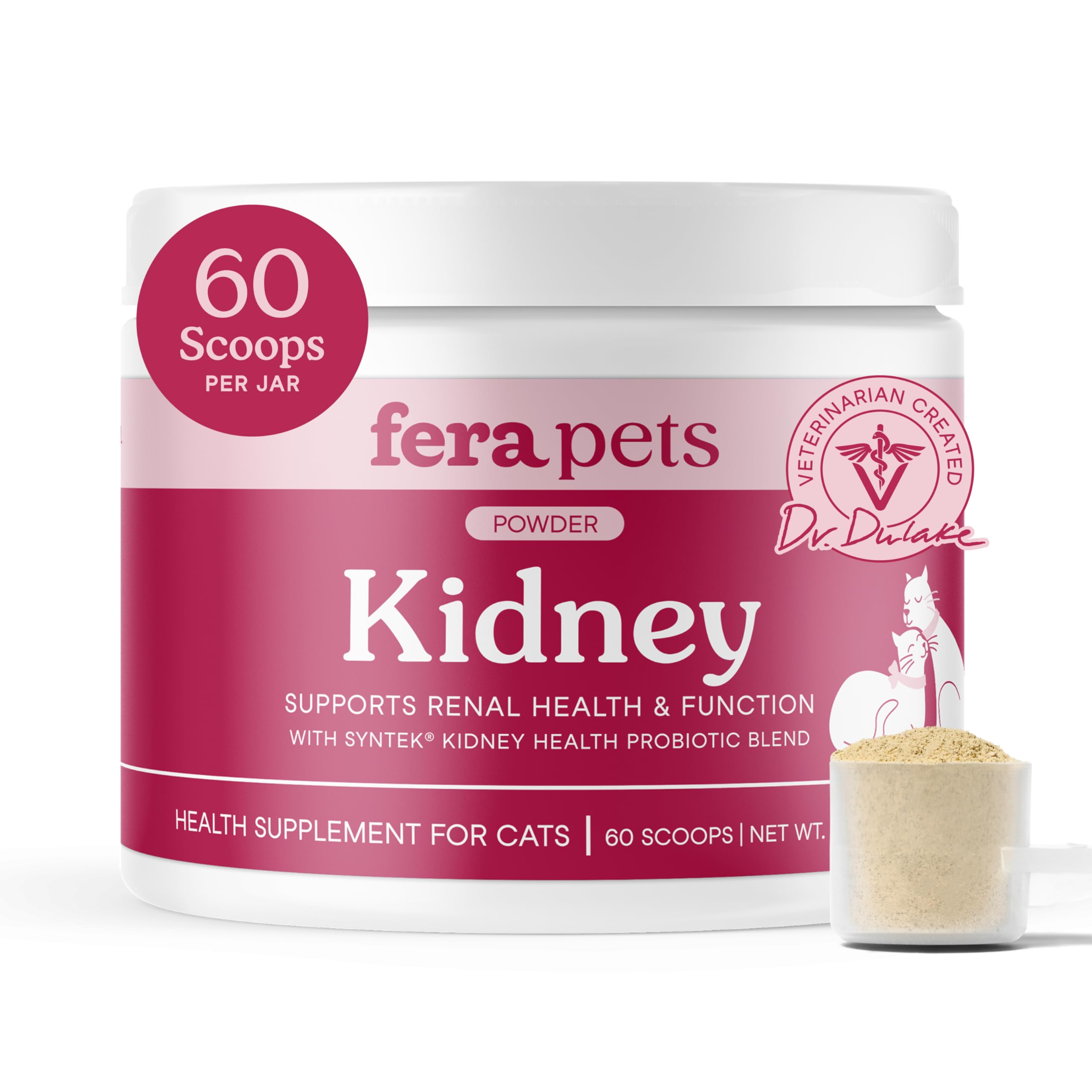 Fera Pets Cat Kidney Support Powder bottle being poured for daily kidney health maintenance.