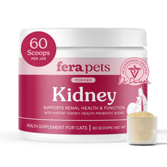 Fera Pets Cat Kidney Support Powder bottle being poured for daily kidney health maintenance.