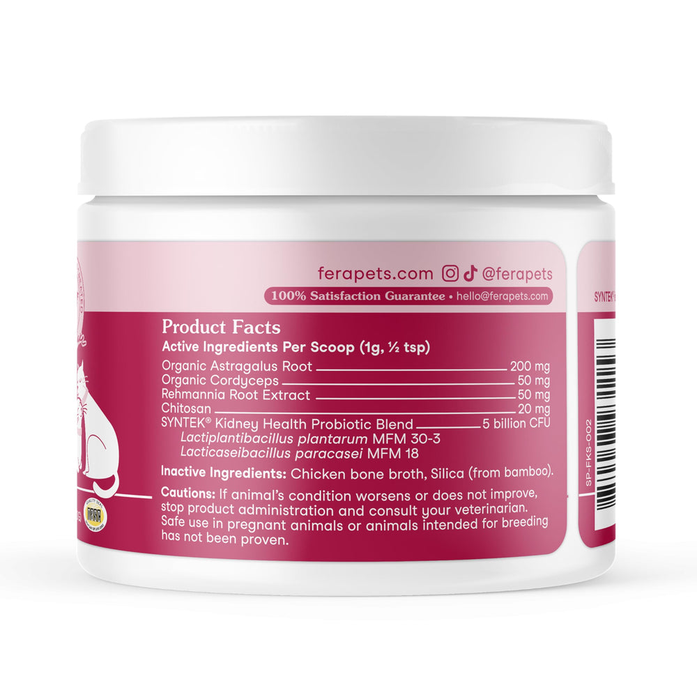 Product label on the Fera Pets packaging highlights USA-made GMP quality and veterinary backing.
