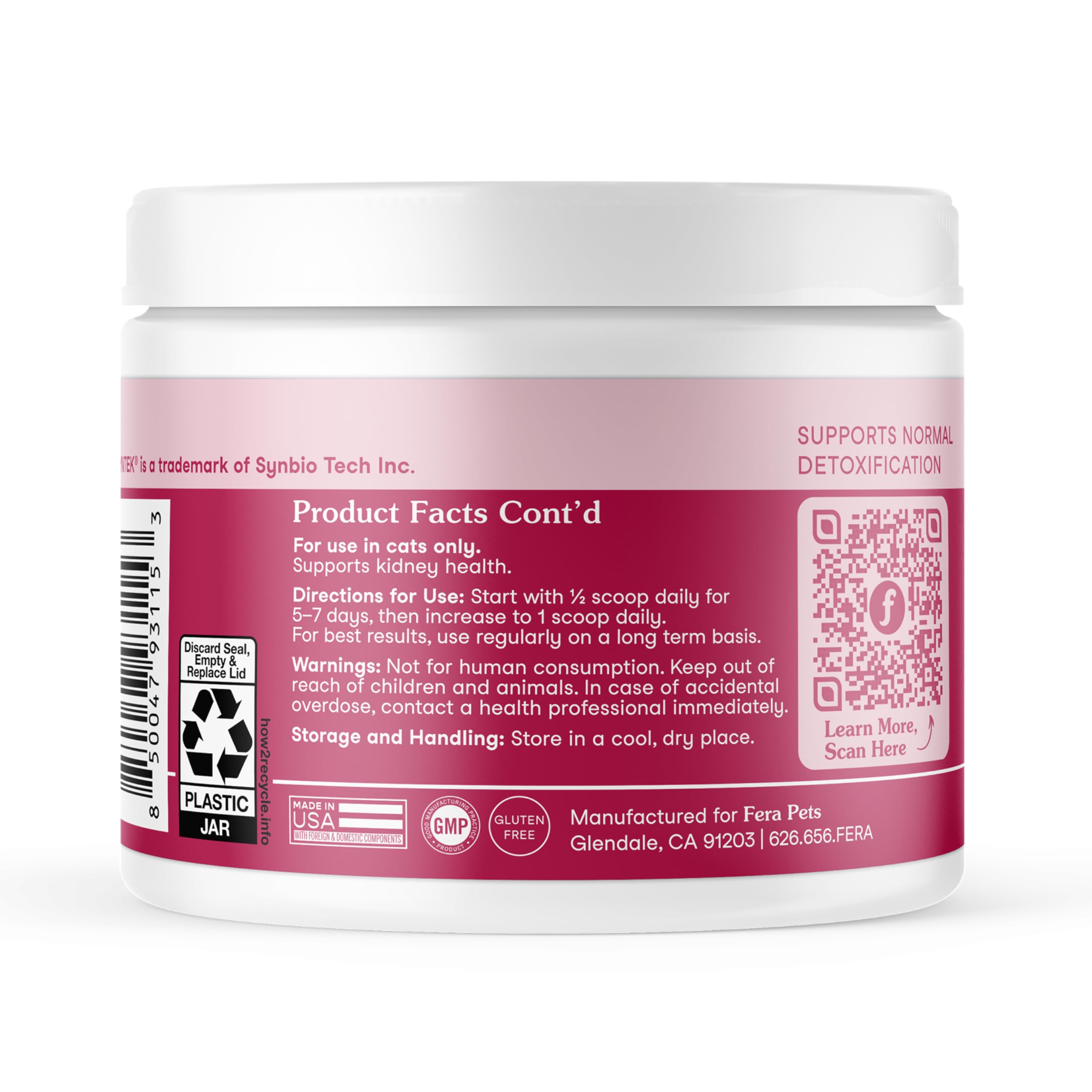 Fera Pets Cat Kidney Support Powder label indicates veterinarian formulation by Dr. Dulake.