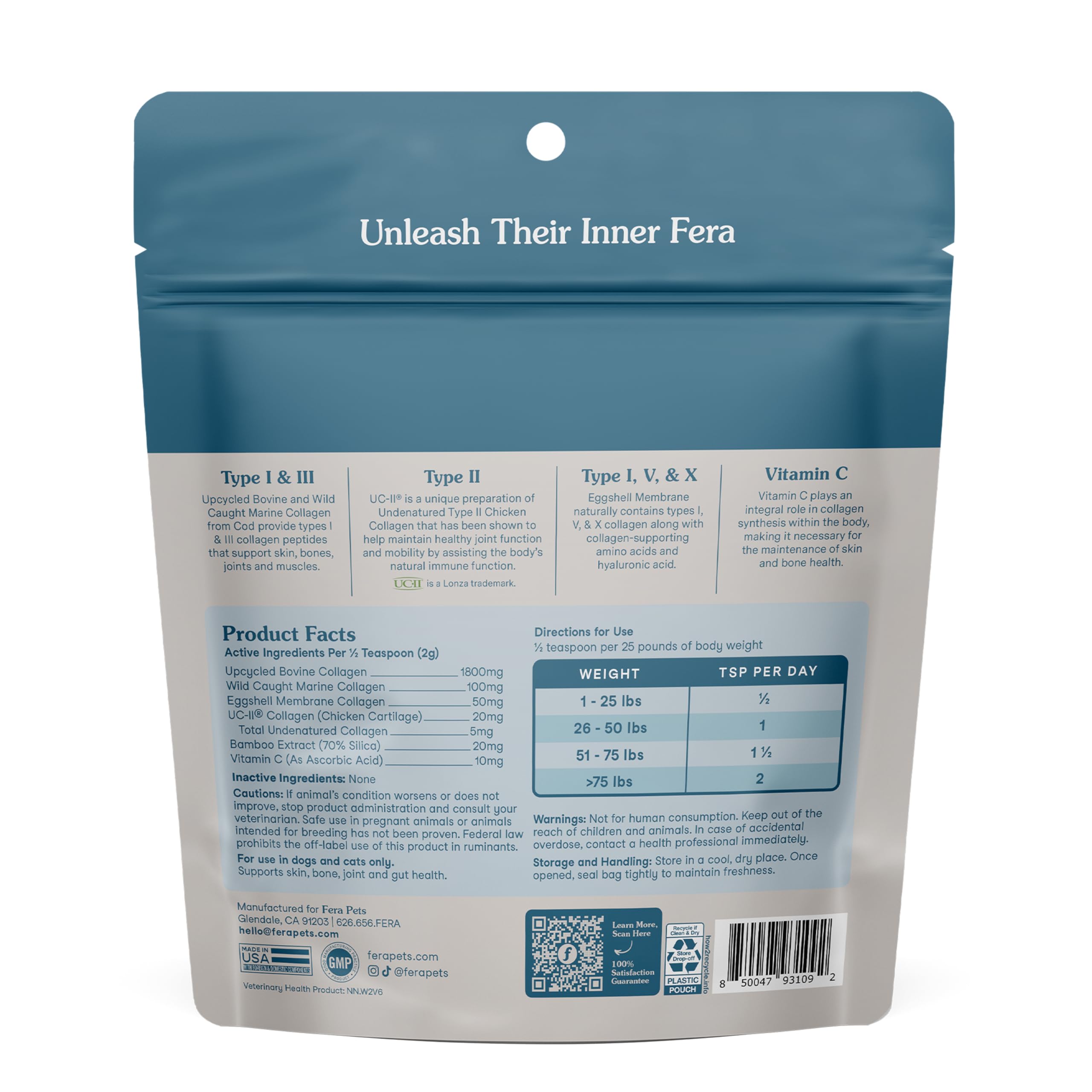 Fera Pets Collagen Powder UC-II close-up notes clinically studied ingredient