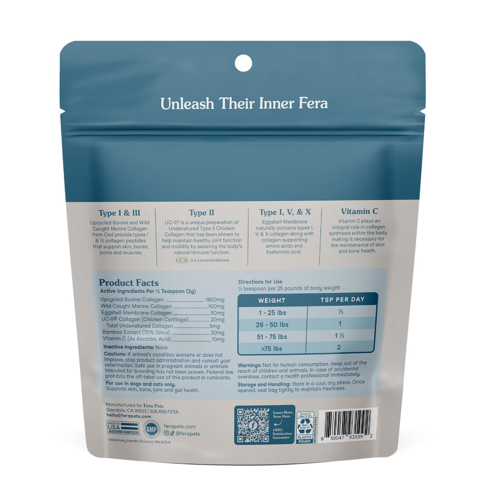Fera Pets Collagen Powder UC-II close-up notes clinically studied ingredient