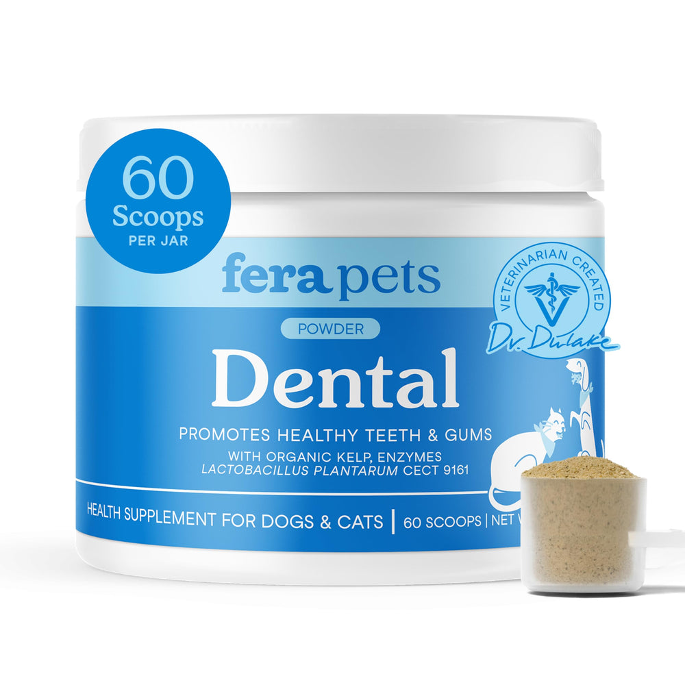 Fera Pets Dental Powder bottle front view for cats and dogs, promotes fresh breath.