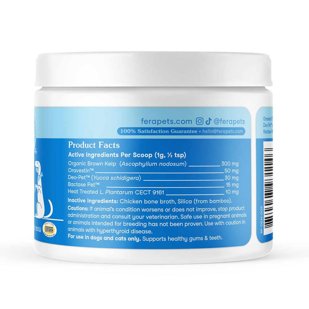 Cat and dog health concept with Fera Pets dental powder.